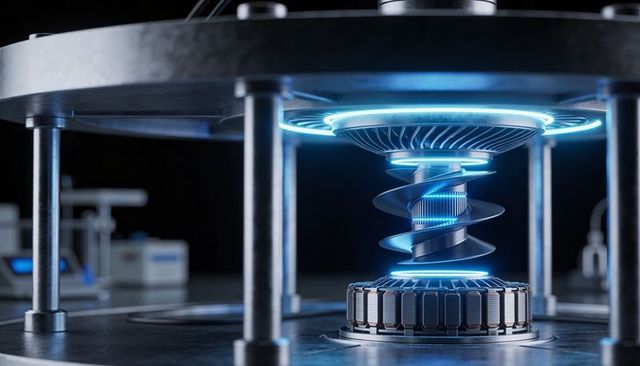 Levitating spiral rotor with neon blue rings in futuristic electromagnetic research prototype