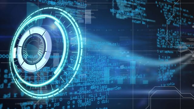 This visual illustrates a glowing round scanner with overlaid data processing code on a blue digital background. Ideal for use in projects related to cybersecurity, technology innovation, data analysis, and futuristic tech concepts. Suitable as a dynamic background for websites, presentations, and marketing materials about digital technology advancements and tools.
