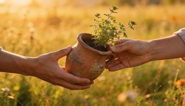 Passing terracotta pot with young plant between hands in golden meadow at sunset