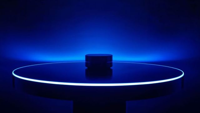 Futuristic blue led pedestal cylindrical puck on glossy round platform for tech branding