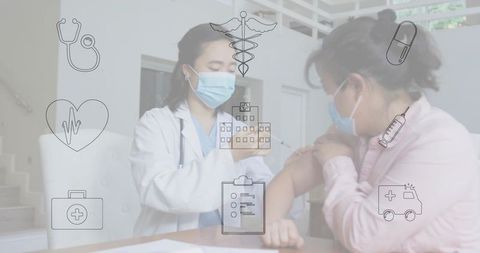 Healthcare professional vaccinating adult patient in clinic with medical icons overlay