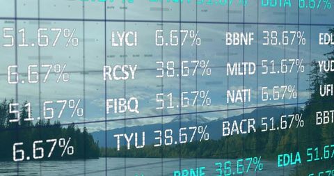 Alpine lake with futuristic digital ticker overlay