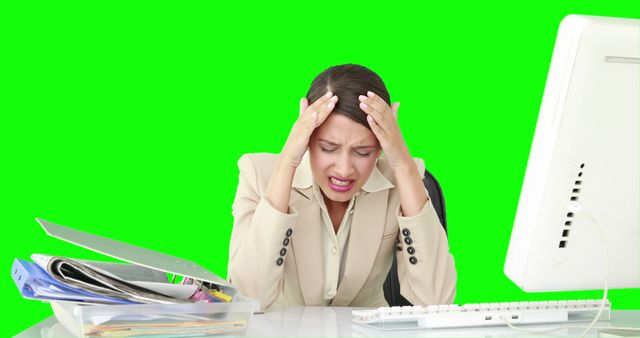 Stressed Businesswoman Working at Desk with Green Screen - Download Free Stock Images Pikwizard.com