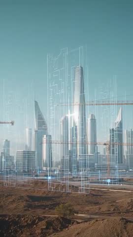 Vertical holographic wireframe mapping rising over skyscraper construction in desert