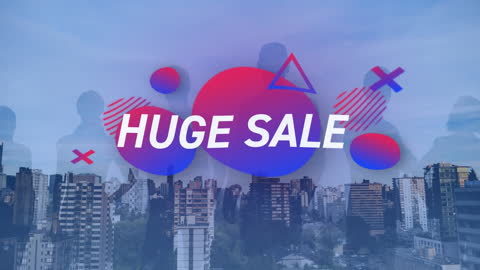 Huge Sale Announcement with Cityscape and Silhouettes