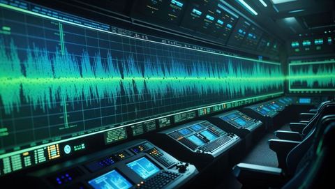 Advanced control room console with dynamic waveform graphs, seismograph concept