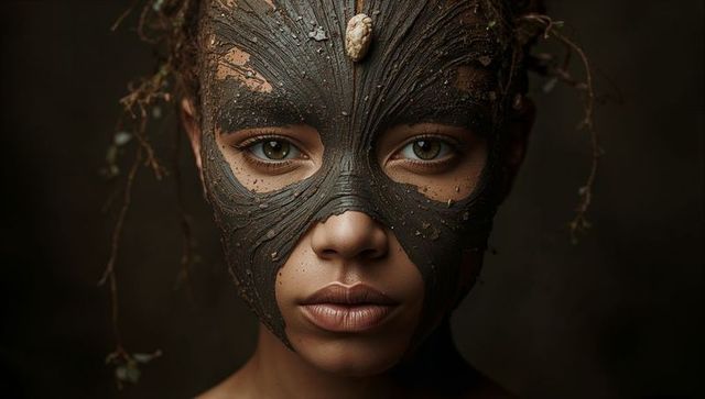 Sculptural earth clay mask on woman, twigs in hair, dramatic moody beauty portrait