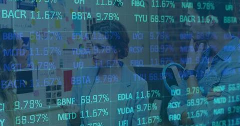 Team Collaboration in Modern Office with Overlaid Stock Ticker