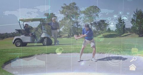 Golfer Swinging Over Bunker with HUD Elements Analyzing Precision