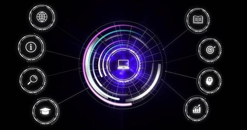 Displaying futuristic hud dashboard with central laptop icon, radial elearning and analytics