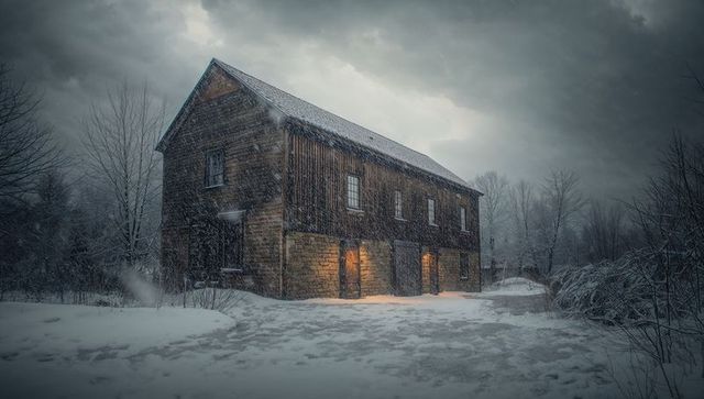 Snowy Two-Story Barn Glowing with Warm Doorway Light in Moody Winter Countryside