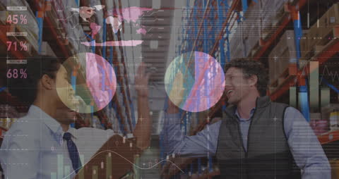 Warehouse Workers Discussing Finances with Data Overlay