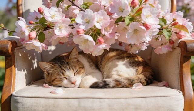 Sleeping tabby-and-white cat curling on beige armchair beneath pink cherry blossoms