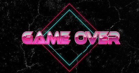 Retro Neon Game Over Text with Geometric Shapes on Black Background