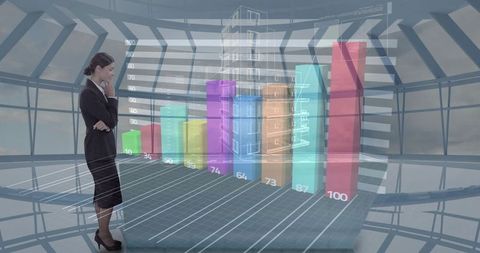 Businesswoman analyzing 3d virtual bar chart and building
