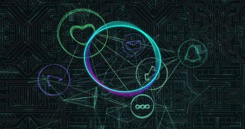 Abstract technological network with floating digital interfaces