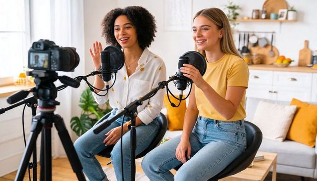 Two podcasters recording conversational show in sunlit home kitchen with professional mics