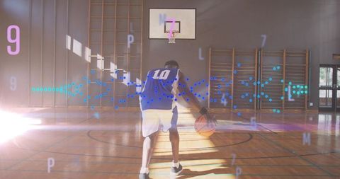 Dribbling Basketball Player in Blue #10 Jersey Moving to Hoop with Data Overlay