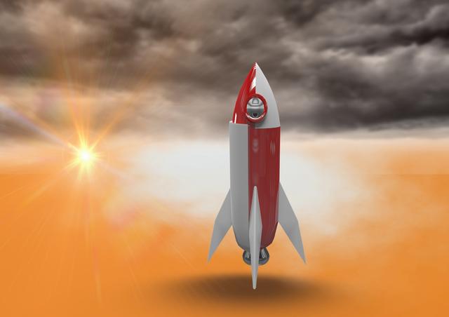 This image depicts a 3D rocket launching against a dramatic sky with clouds and a bright sun. Ideal for use in technology, space exploration, and adventure-themed projects. Suitable for educational materials, promotional content, and sci-fi illustrations.