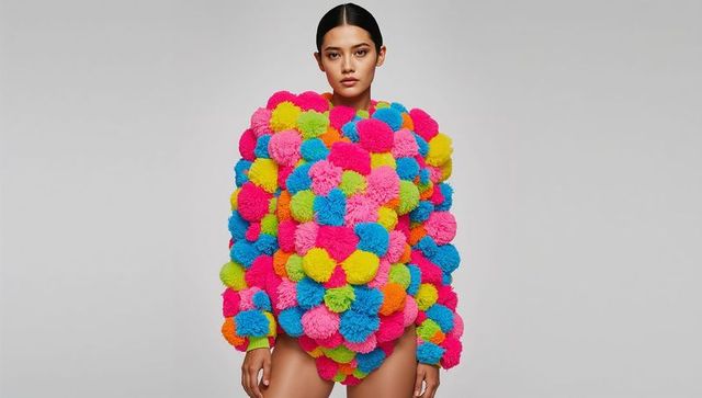 Female model wearing oversized neon pom-pom sweater vibrant textured fashion statement