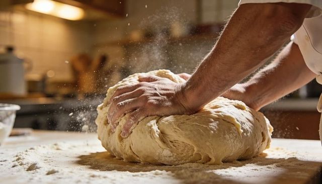 Kneading Rustic Bread Dough with Strong Hands on Floured Wooden Board in Kitchen Light
