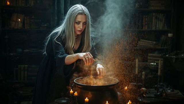 Sorceress at cauldron casting spells in mystic lab