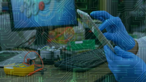 Scientist in Lab Using Tablet with Circuit Board Overlay