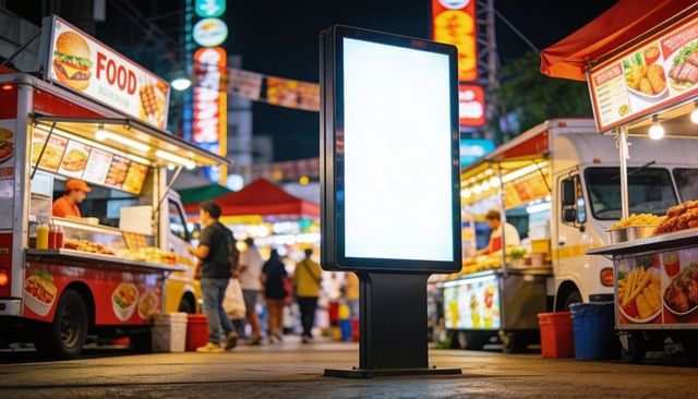 Glowing vertical advertising display standing amid vibrant night food truck market