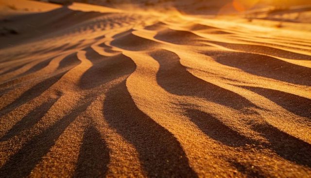 Sunlit sand ripples and wind-sculpted dune ridges at golden hour desert floor textures