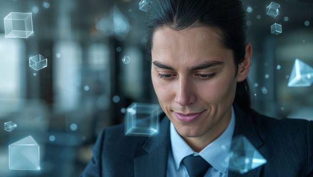 Hispanic businessman analyzing floating 3D holographic cubes in modern office environment