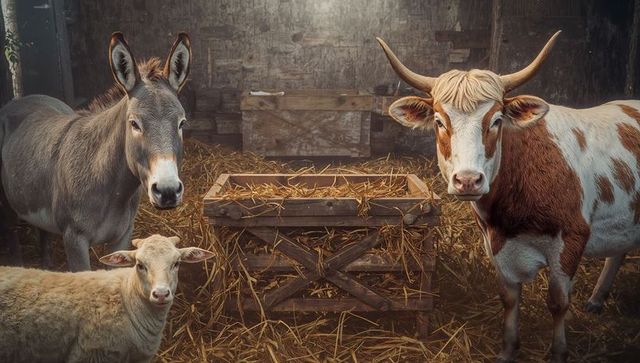 Donkey, Cow and Sheep in Rustic Barn with Hay Trough