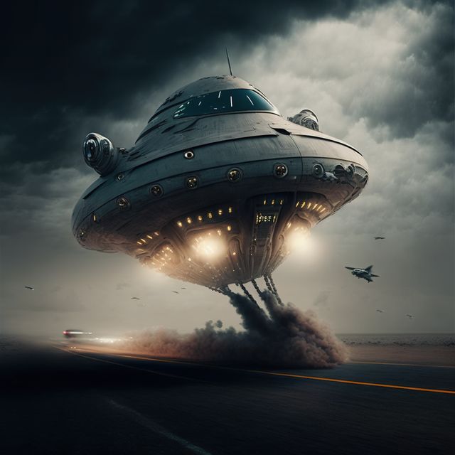 Spaceship with lights taking off against cloud background, created using generative ai technology. Space travel and alien concept digitally generated image.
