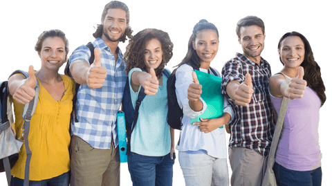 Diverse group of students giving thumbs up on transparent background
