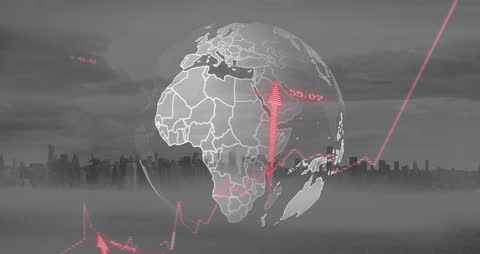 Rising Arrows and Data Over Globe and Cityscape Animation