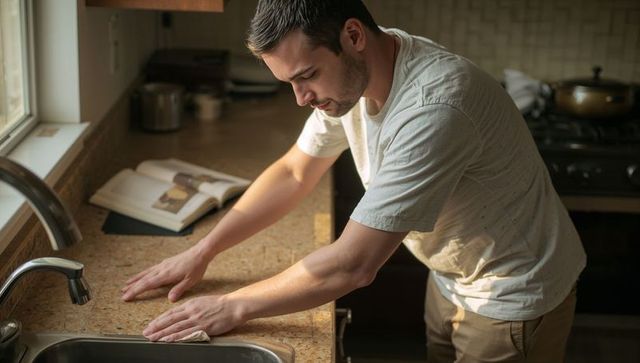 Young man wiping granite countertop in sunlit kitchen, morning cleaning lifestyle