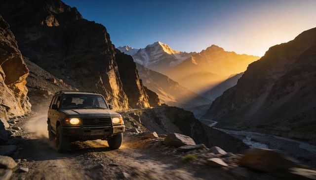 Driving muddy 4x4 suv on narrow mountain pass at golden hour with sunlit snow-capped peak