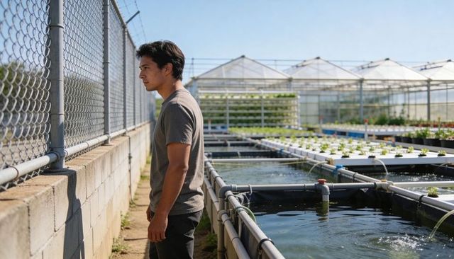 Young man inspecting aquaponic tanks at urban greenhouse facility with hydroponic beds