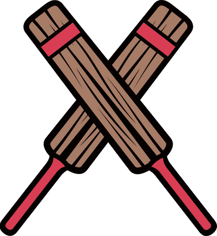 Crossing wooden bats with red grip on transparent background