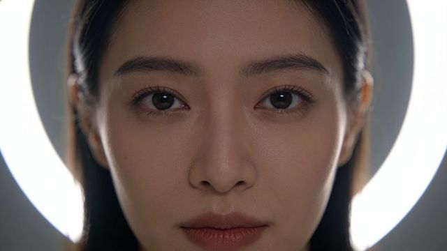 Asian woman close-up headshot with ring light halo and serene direct gaze
