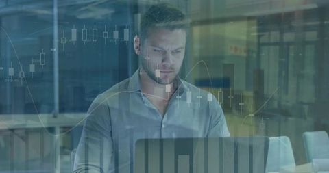 Financial analyst studying candlestick and line charts on laptop with glass reflections