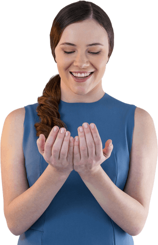 Smiling Woman with Cupped Hands on Transparent Background