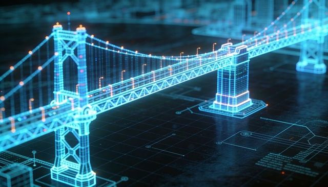 Rendering holographic suspension bridge blueprint in neon wireframe with tech data overlay