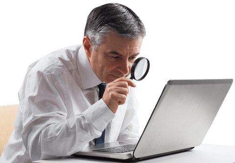 Mature businessman using magnifying glass with transparent background