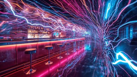 Neon bar tunnel glowing with curving light trails, futuristic nightclub interior