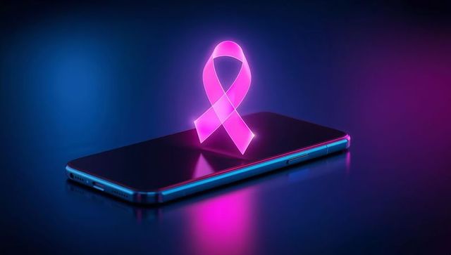 Glowing pink ribbon on smartphone symbolizing awareness and futuristic tech