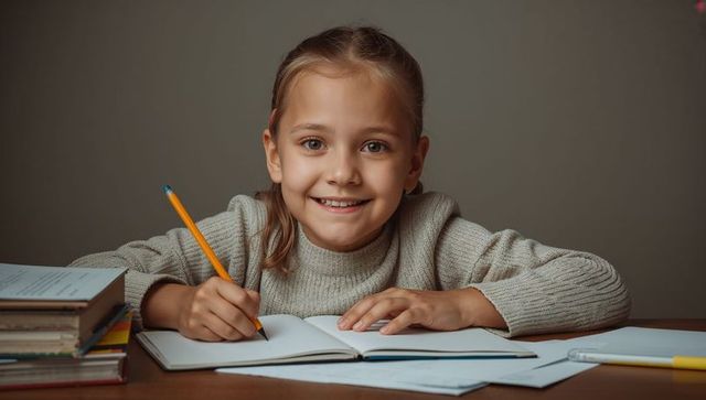 Smiling girl writing in notebook with textbooks