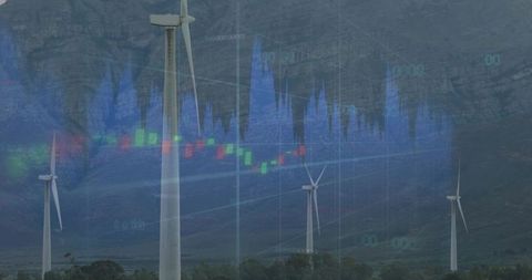 Wind Turbines with Data Analysis Overlay in Mountain Landscape
