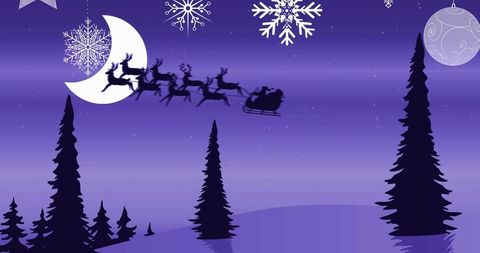 Moonlit santa sleigh silhouette flying over snowy pine hills with reindeer and snowflakes