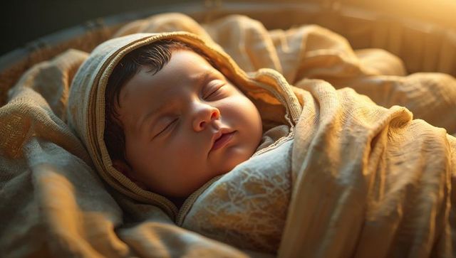 Sleeping infant nestling in woven basket under soft light