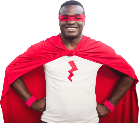 Cheerful Superhero in Red Costume on Transparent Background